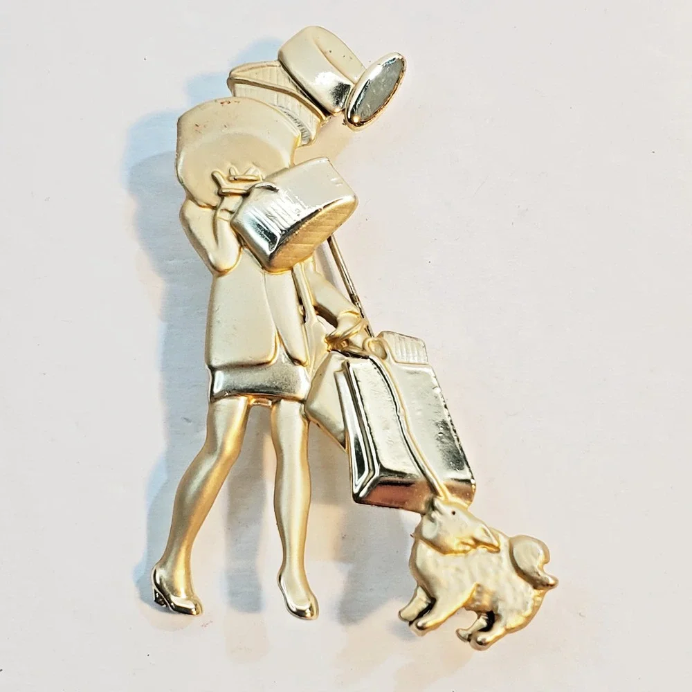 Vintage AJC Gold Tone Woman Lady w/ Packages Dog Shopping Brooch Pin 2.5 inch